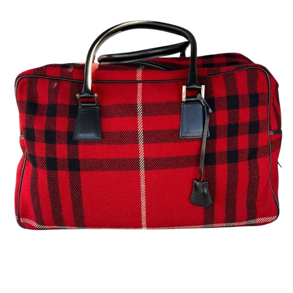 Burberry Red House Check Wool Leather Weekender Overnight Bag Lock Key 19.5x12.5 - Picture 1 of 16